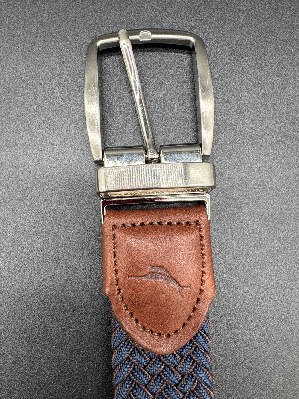 Tommy Bahama Blue Brown Braided Reversible Stretch Belt Silver Buckle Size L/XL